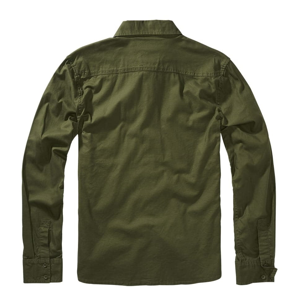 Camisa de franela verde, manga larga, corte recto con botones y dos bolsillos en el pecho