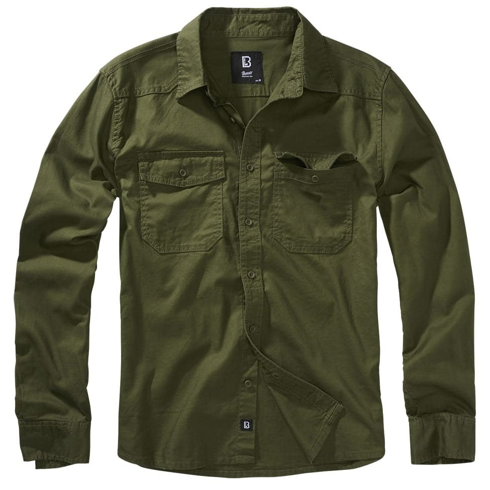 Camisa de franela verde, manga larga, corte recto con botones y dos bolsillos en el pecho