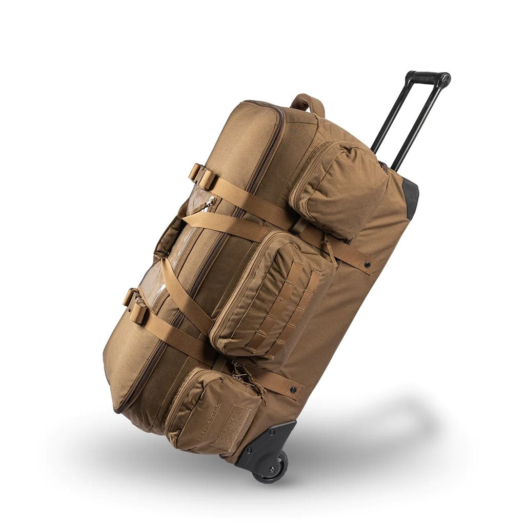 Bolsa de transporte ATLAS gris con ruedas, seis bolsillos exteriores y mango telescópico
