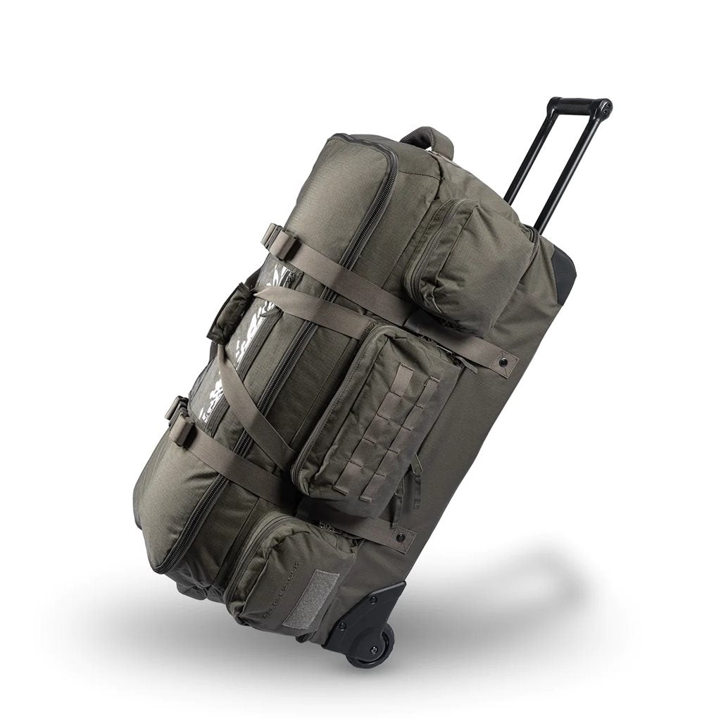 Bolsa de transporte ATLAS gris con ruedas, seis bolsillos exteriores y mango telescópico