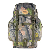 Mochila Bushcraft 25L camuflaje de caza, vista frontal con bolsillos laterales y cierre FASTEX