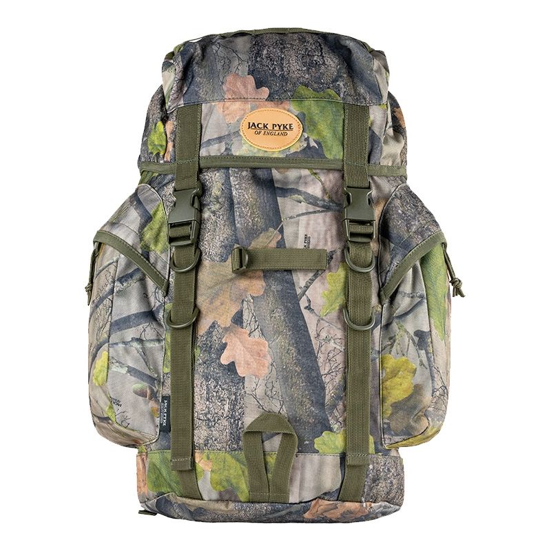Mochila Bushcraft 25L camuflaje de caza, vista frontal con bolsillos laterales y cierre FASTEX