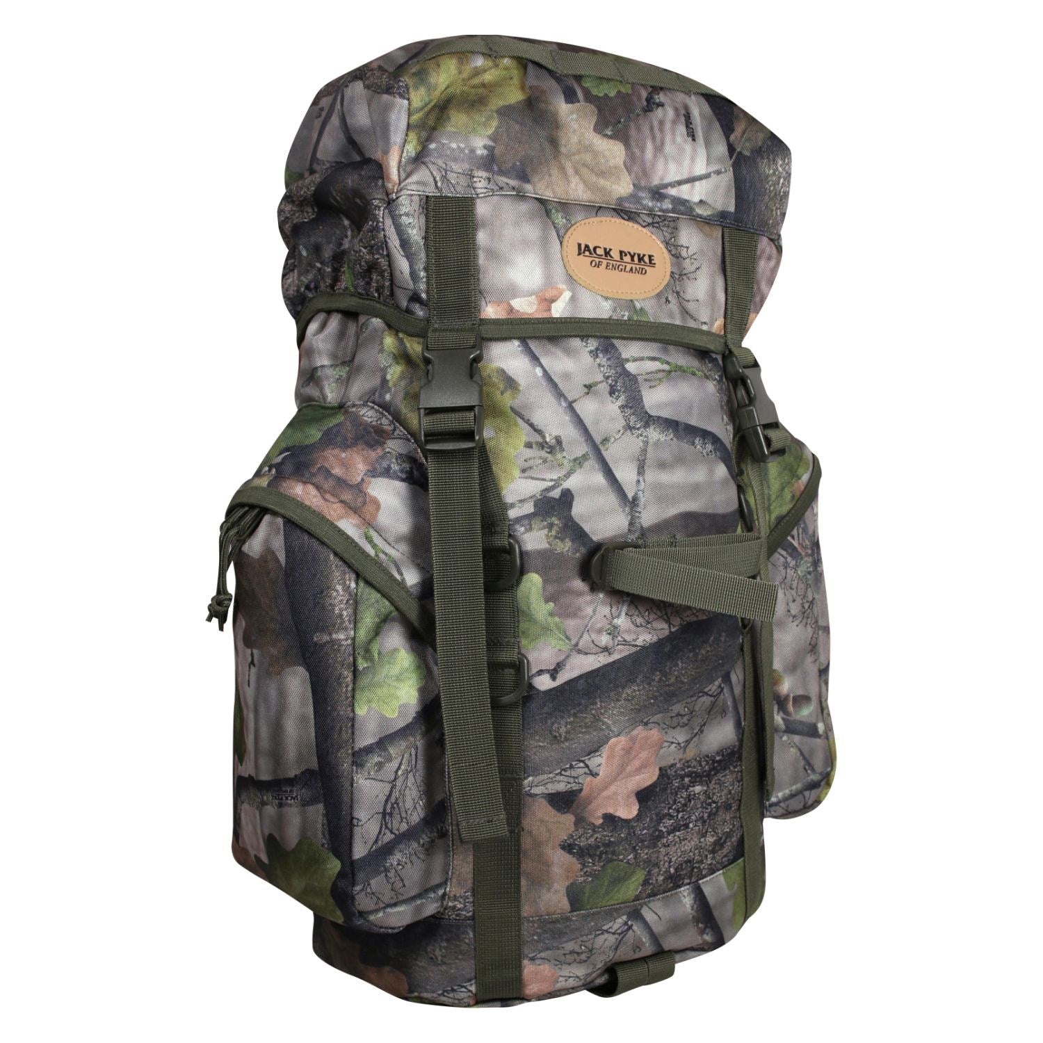 Mochila Bushcraft 25L camuflaje de caza, vista frontal con bolsillos laterales y cierre FASTEX