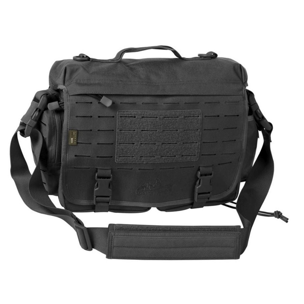 Bolso messenger táctico negro con múltiples bolsillos y compartimentos