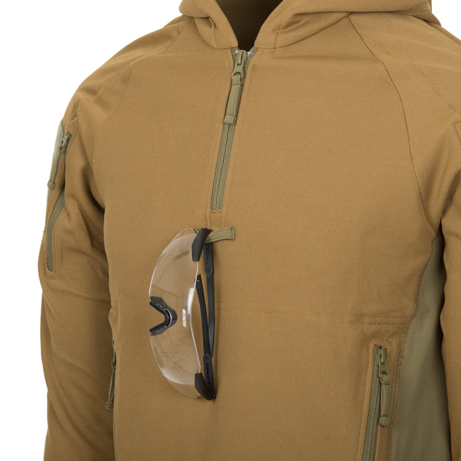 Sudadera RANGE Topcool Coyote/Adaptive Green con capucha, paneles elásticos laterales y refuerzos en codos