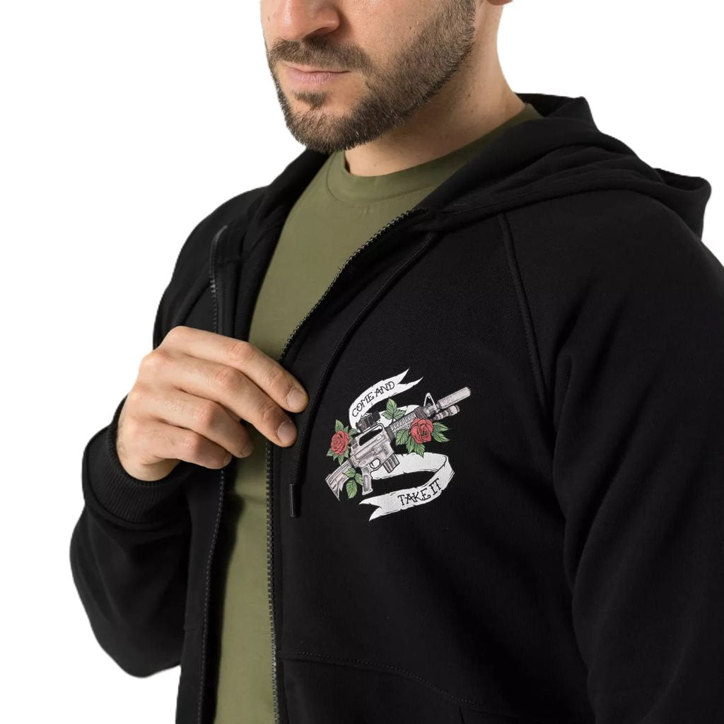 Sudadera negra COME AND TAKE IT con cremallera y capucha y estampado colorido