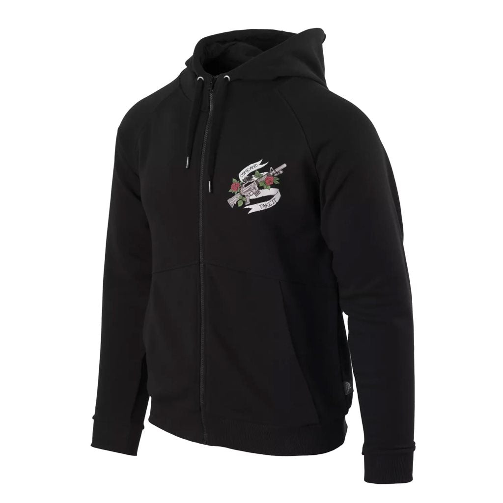Sudadera negra COME AND TAKE IT con cremallera y capucha y estampado colorido