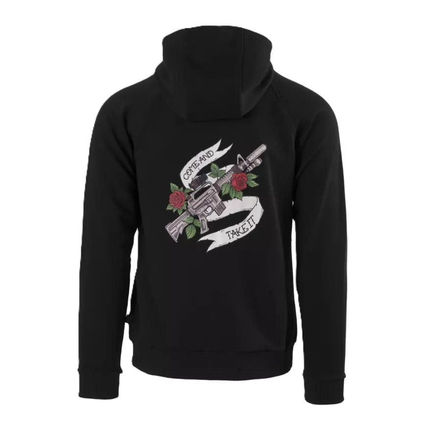 Sudadera negra COME AND TAKE IT con cremallera y capucha y estampado colorido