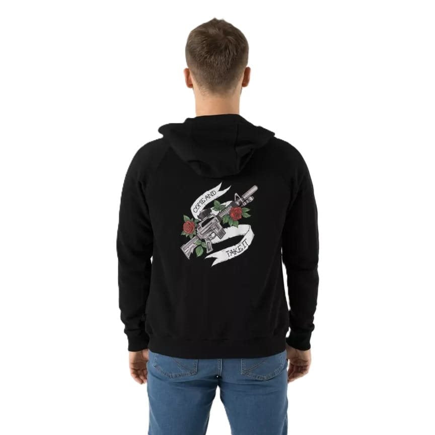 Sudadera negra COME AND TAKE IT con cremallera y capucha y estampado colorido