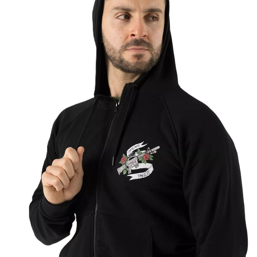 Sudadera negra COME AND TAKE IT con cremallera y capucha y estampado colorido