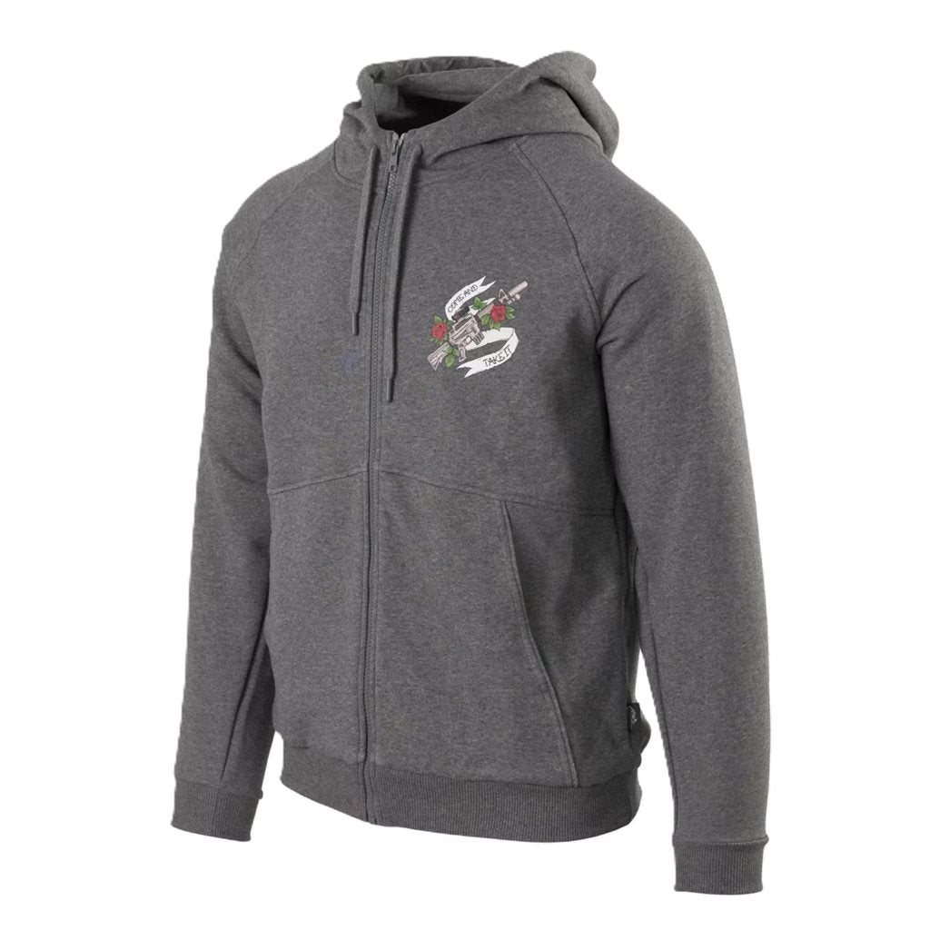 Sudadera gris ligera con cremallera y capucha con estampado 'COME AND TAKE IT'