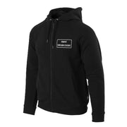 Sudadera negra con capucha y cremallera, estampado blanco FRONT TOWARD ENEMY