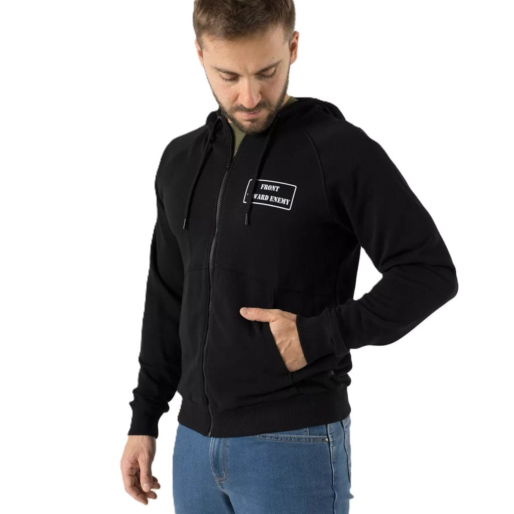 Sudadera negra con capucha y cremallera, estampado blanco FRONT TOWARD ENEMY