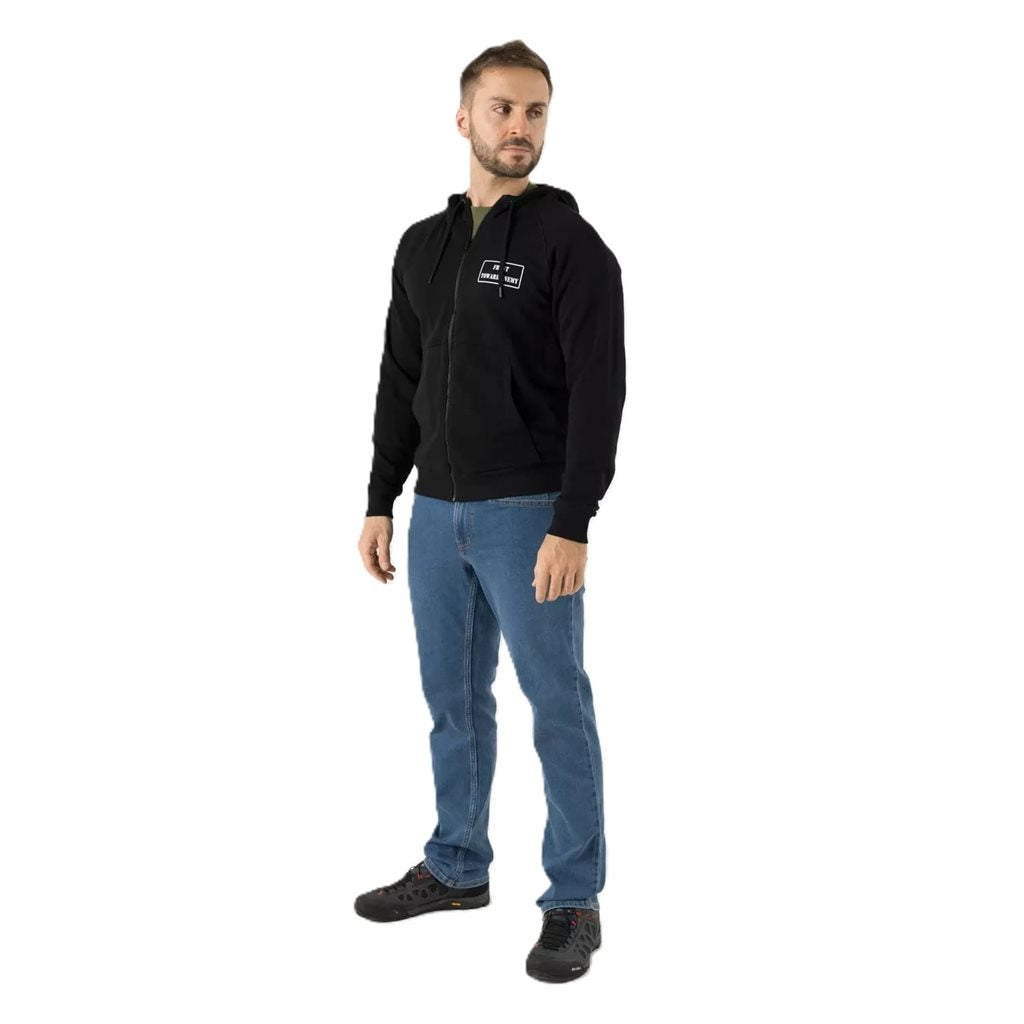 Sudadera negra con capucha y cremallera, estampado blanco FRONT TOWARD ENEMY