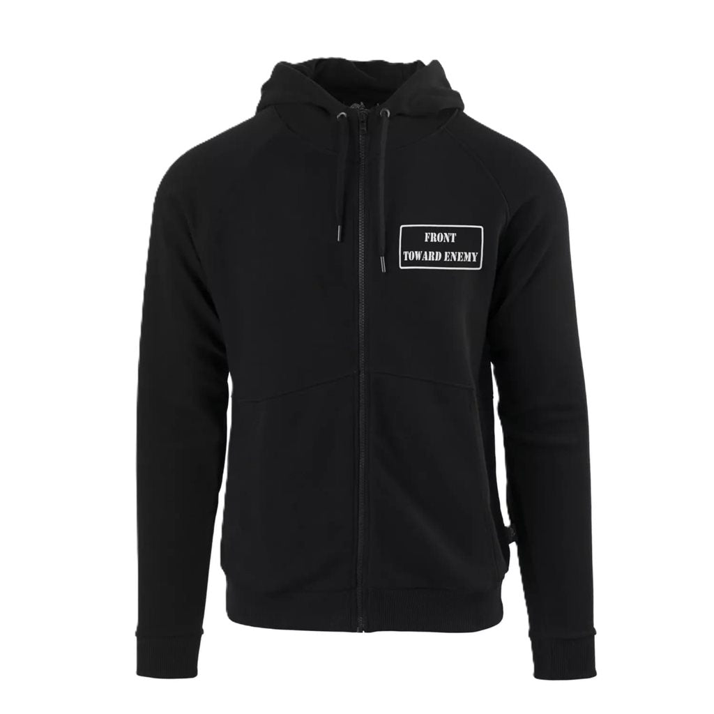 Sudadera negra con capucha y cremallera, estampado blanco FRONT TOWARD ENEMY