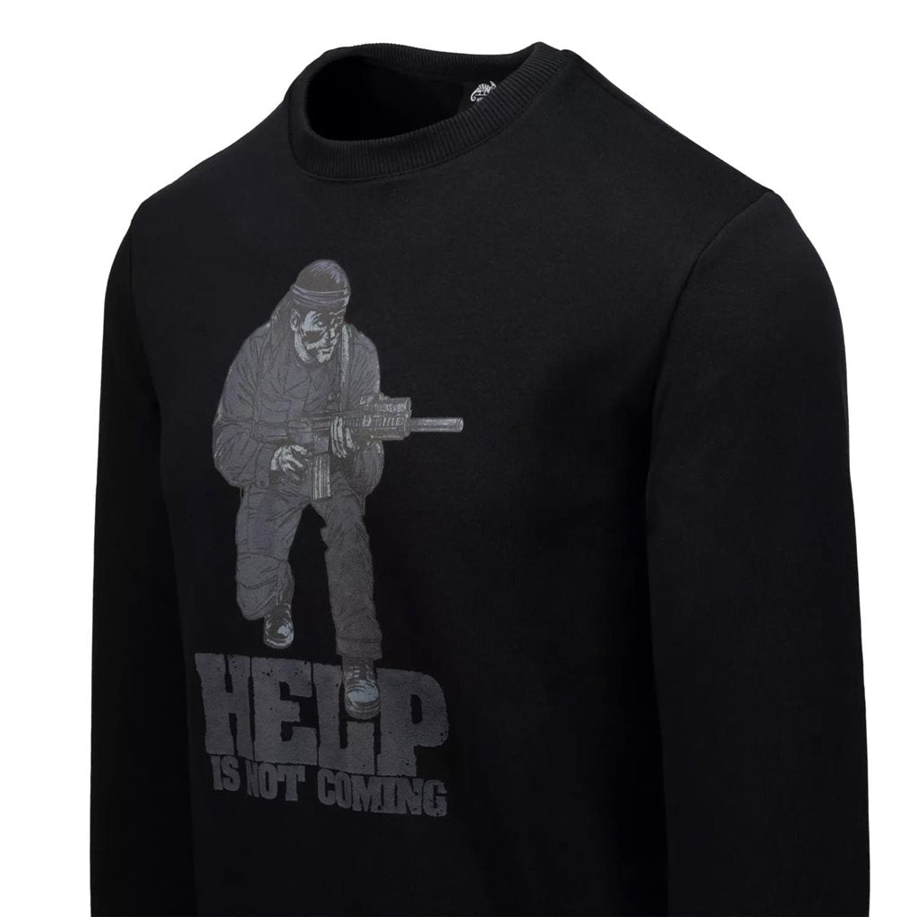 Sudadera negra 'HELP IS NOT COMING' sin capucha, material ligero y agradable al tacto