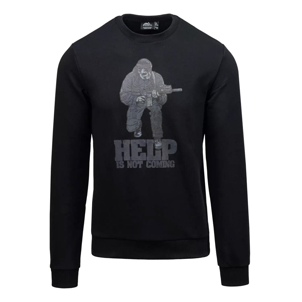 Sudadera negra 'HELP IS NOT COMING' sin capucha, material ligero y agradable al tacto