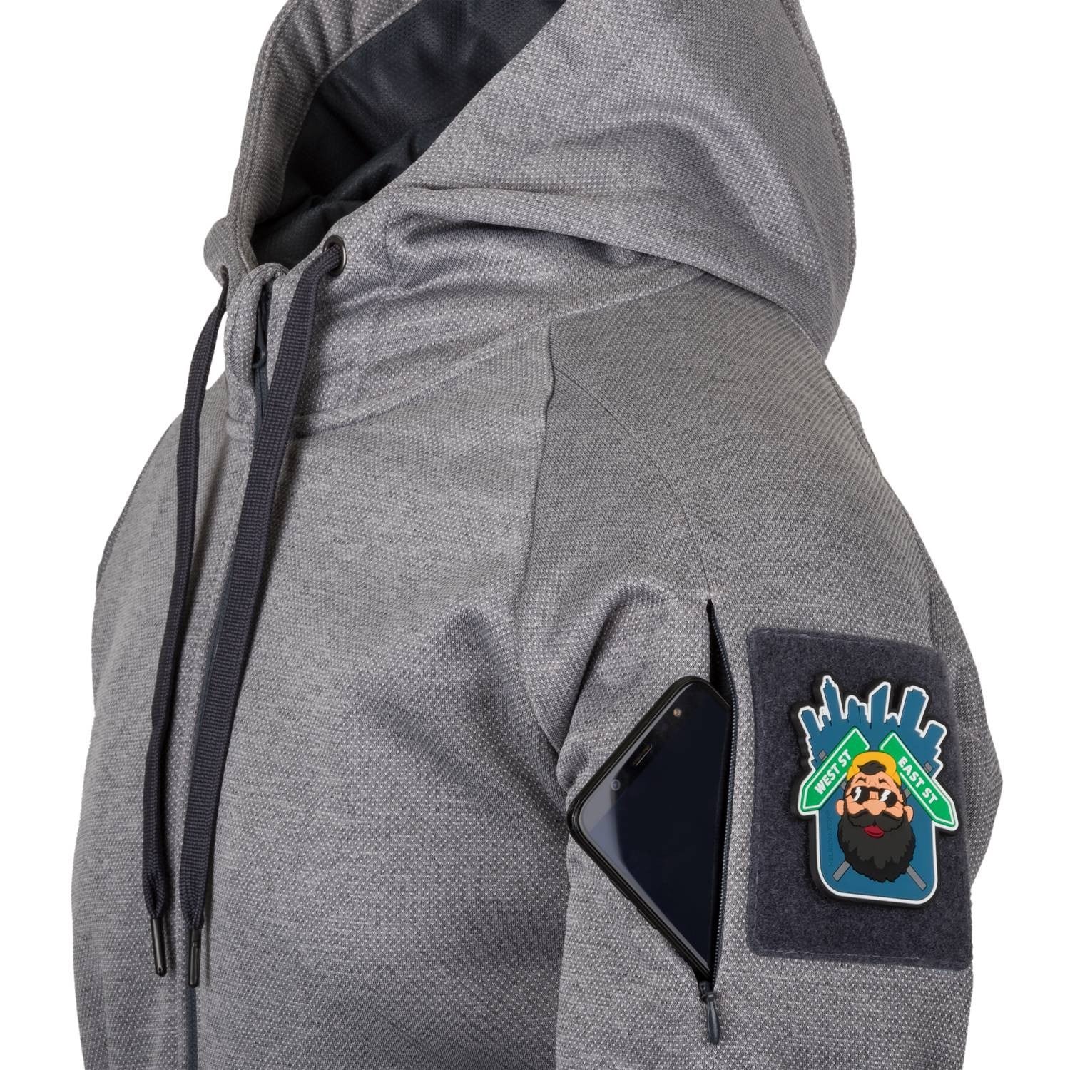 Sudadera URBAN TACTICAL HOODIE gris de Helikon-Tex, capucha, 4 bolsillos y paneles velcro