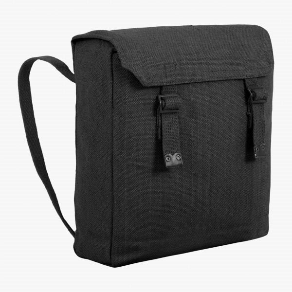 Mochila negra de lona resistente 33×31×10 cm, capacidad ~10 L, tirantes ajustables