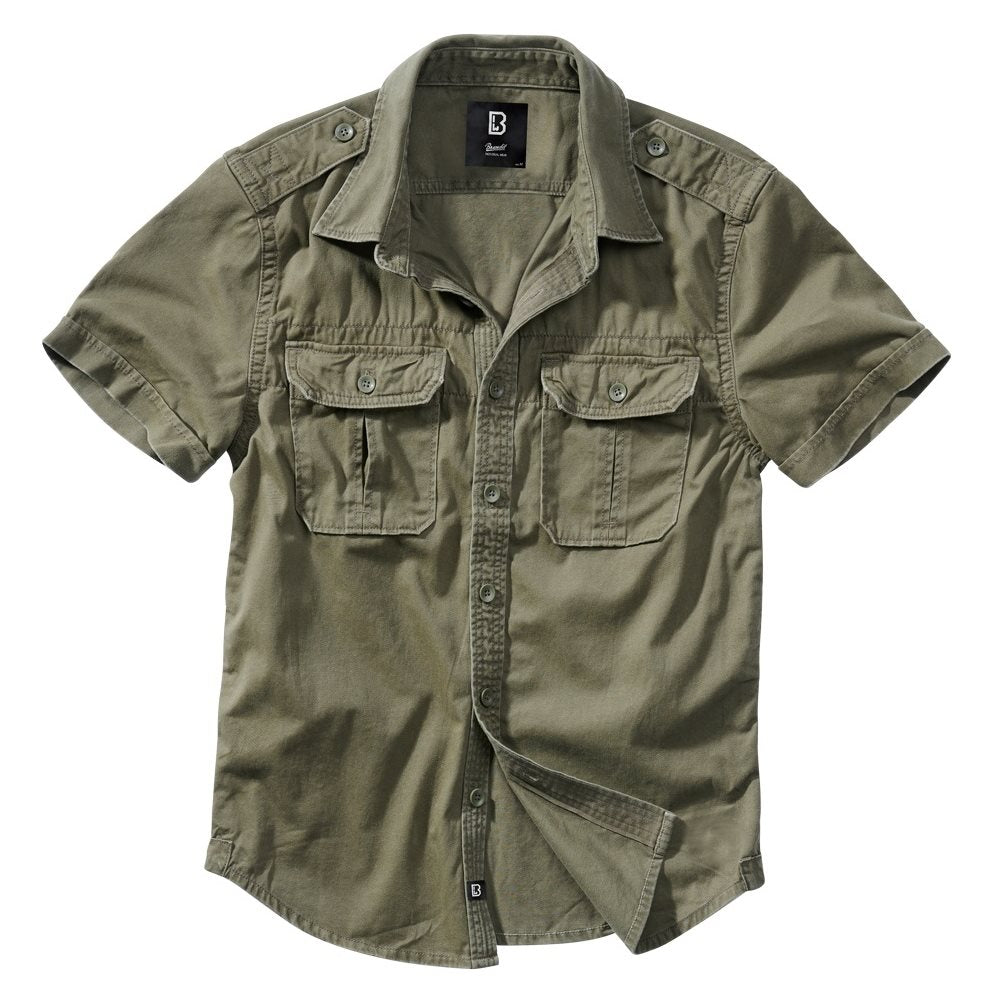 Camisa Brandit VAGE verde manga corta, algodon ligero, estilo vintage, epauletas y bolsillos de pecho