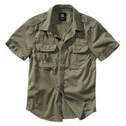 Camisa Brandit VAGE verde manga corta, algodon ligero, estilo vintage, epauletas y bolsillos de pecho
