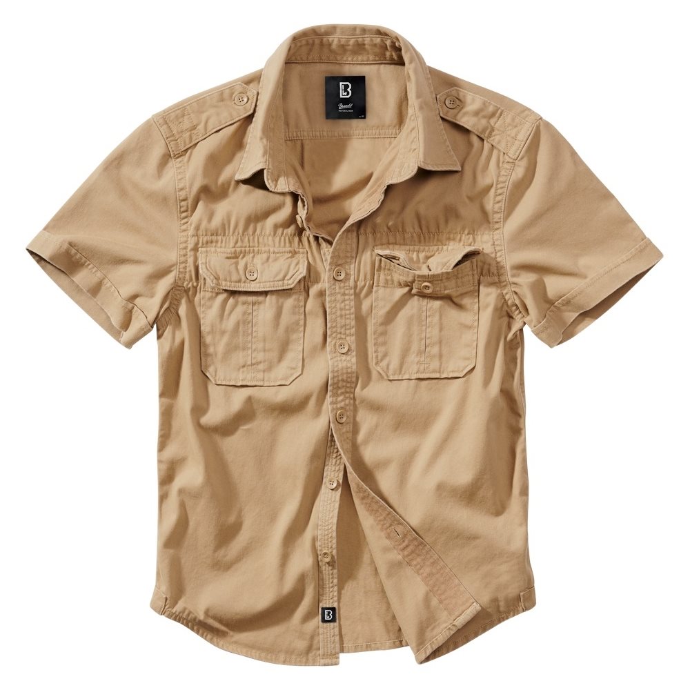 Camisa Brandit vintage manga corta color camel con botones, hombreras y bolsillos de pecho