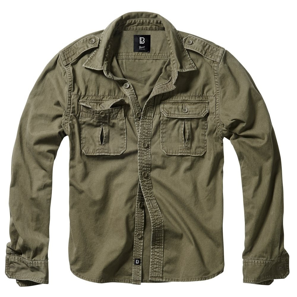 Camisa vintage Brandit verde manga larga con hombreras y bolsillos de pecho