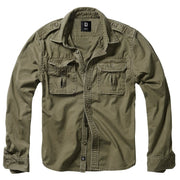 Camisa vintage Brandit verde manga larga con hombreras y bolsillos de pecho
