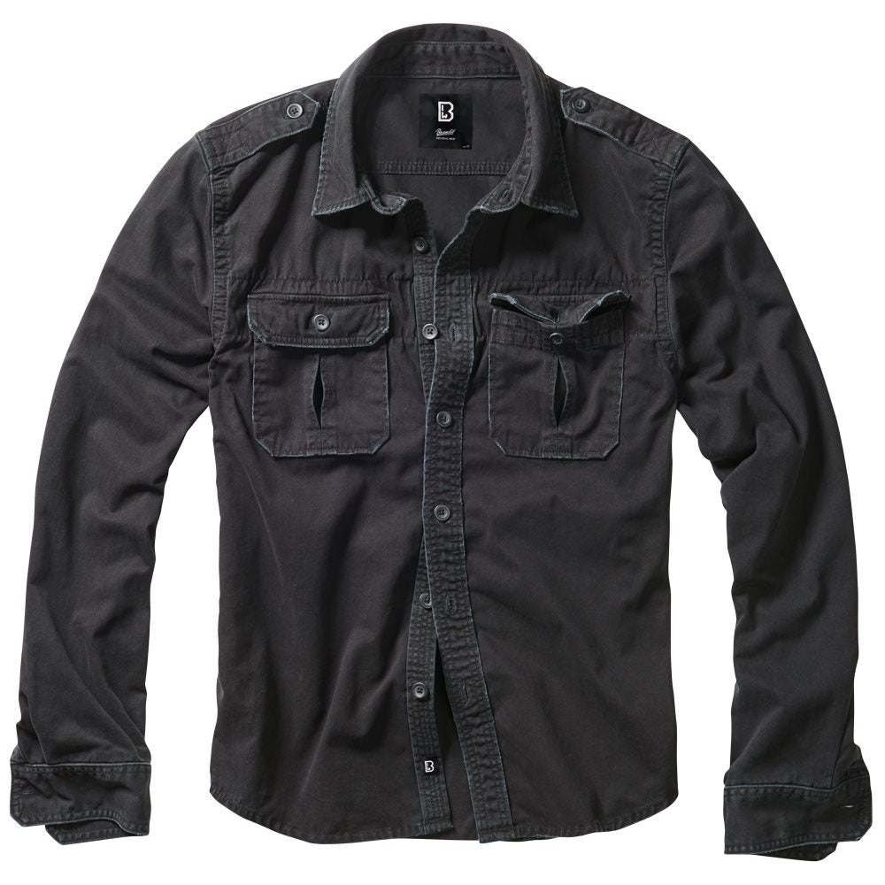 Camisa Brandit negra vintage de algodón, manga larga, con epoletas y dos bolsillos de pecho con solapa