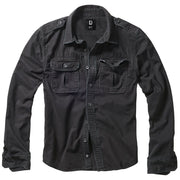 Camisa Brandit negra vintage de algodón, manga larga, con epoletas y dos bolsillos de pecho con solapa