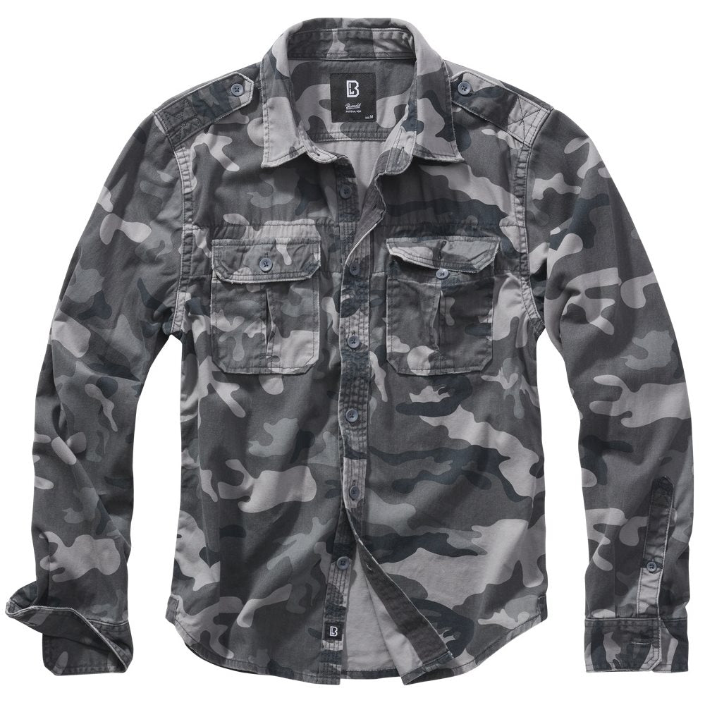 Camisa BRANDIT VAGE manga larga GREY CAMO, algodón ligero, charreteras y bolsillos de pecho, acabado lavado vintage