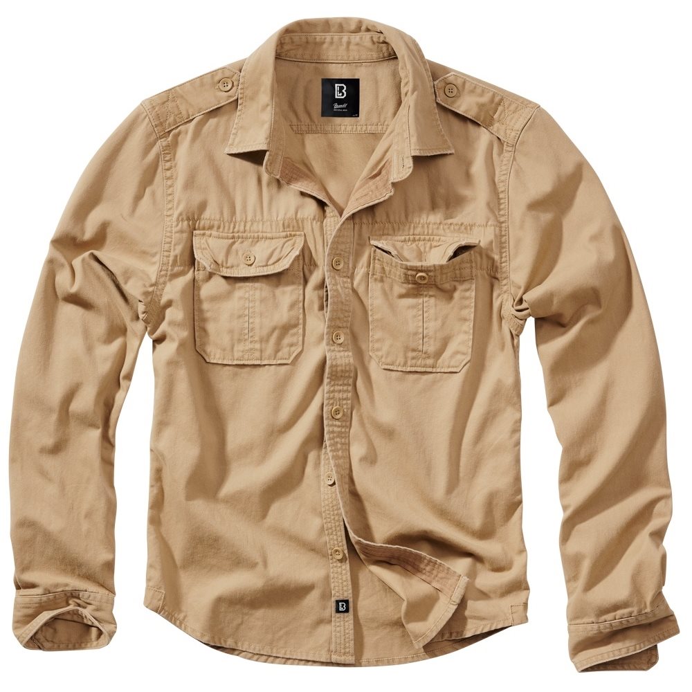 Camisa BRANDIT VAGE manga larga algodón vintage color camel arena con hombreras y bolsillos de pecho