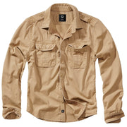 Camisa BRANDIT VAGE manga larga algodón vintage color camel arena con hombreras y bolsillos de pecho