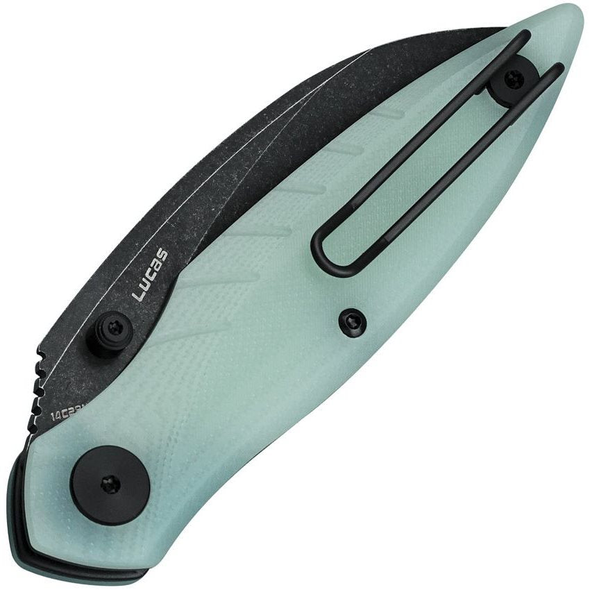 Navaja plegable MANTIDAE con mango de nefrita y hoja hawkbill de acero Sandvik 14C28N con acabado stonewash