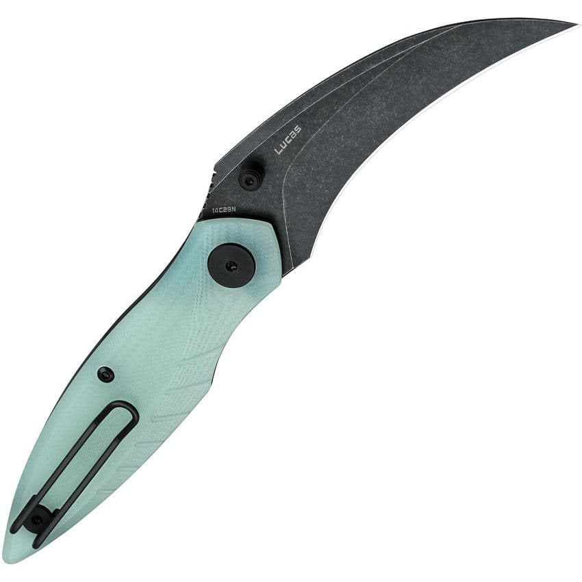 Navaja plegable MANTIDAE con mango de nefrita y hoja hawkbill de acero Sandvik 14C28N con acabado stonewash