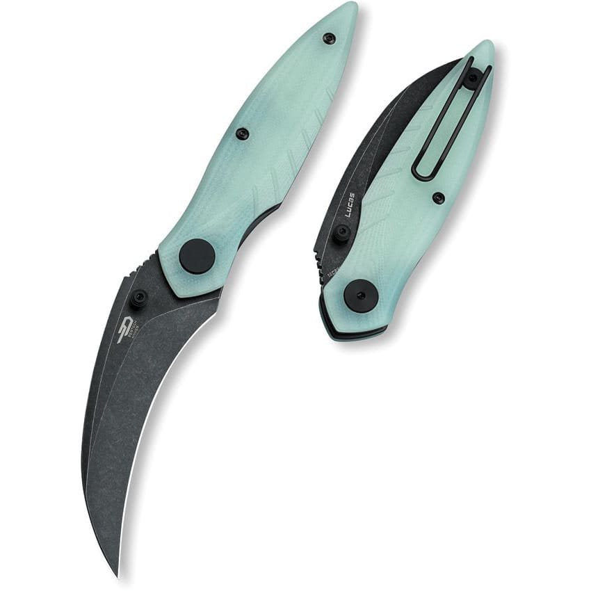 Navaja plegable MANTIDAE con mango de nefrita y hoja hawkbill de acero Sandvik 14C28N con acabado stonewash
