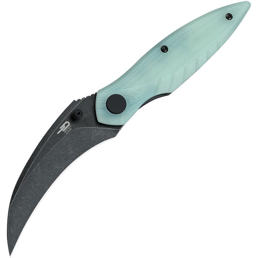 Navaja plegable MANTIDAE con mango de nefrita y hoja hawkbill de acero Sandvik 14C28N con acabado stonewash