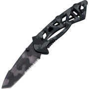 Cuchillo plegable BONES Tanto Tiger Stripe, hoja tanto 420HC, filo combinado, flipper y pin ambidiestro