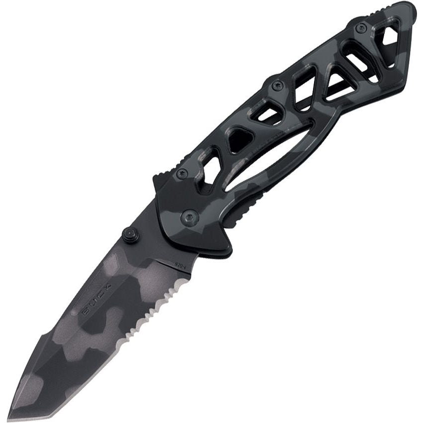 Cuchillo plegable BONES Tanto Tiger Stripe, hoja tanto 420HC, filo combinado, flipper y pin ambidiestro