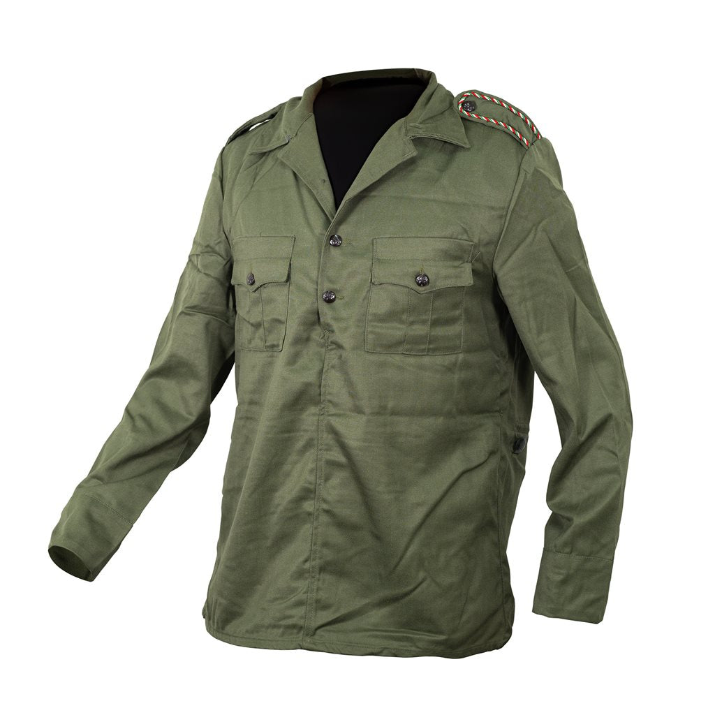 Blusa militar búlgara verde con hombreras tricolor y 3 botones, original