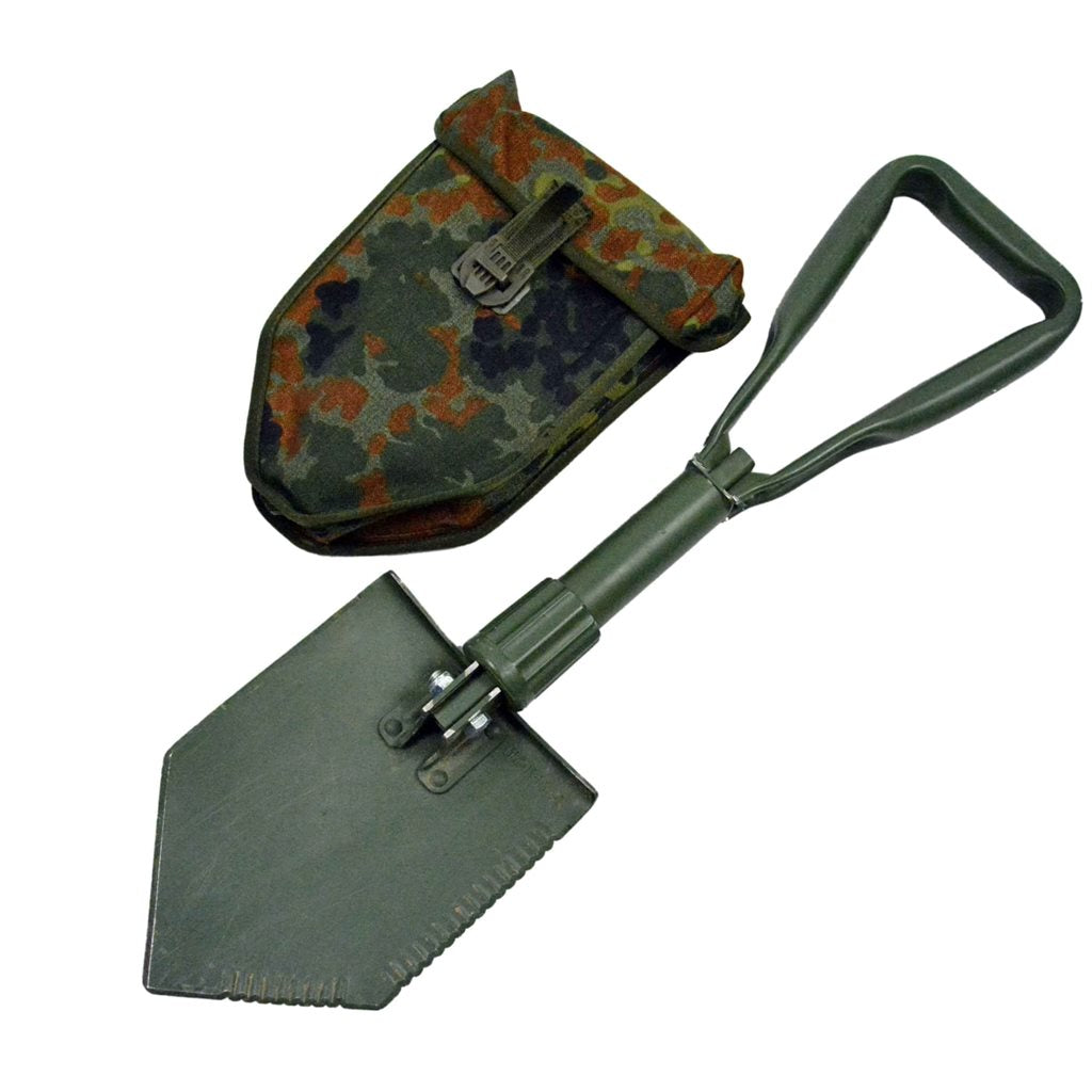 Pala plegable BW Flecktarn usada con funda - militar, acero y dural