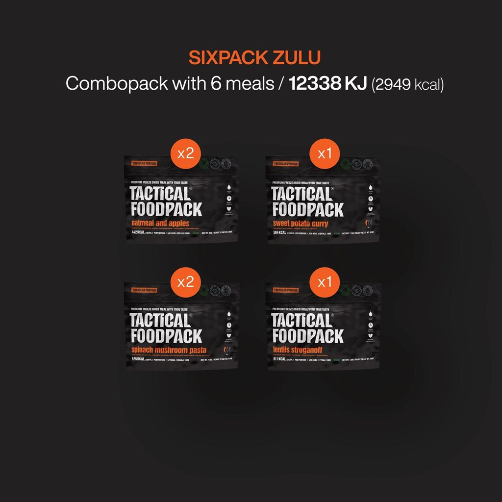 Paquete SIXPACK ZULU de 6 comidas liofilizadas veganas Tactical Foodpack