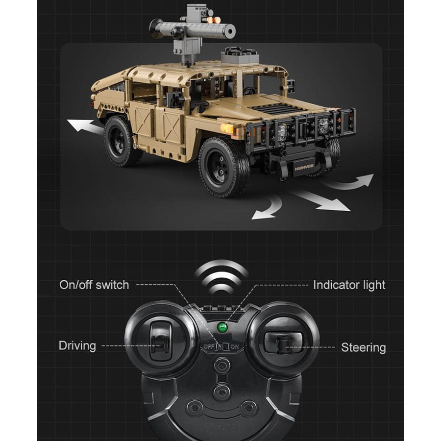 Set HUMVEE 628 piezas, vehículo militar con luces delanteras, parachoques robusto y mando a distancia