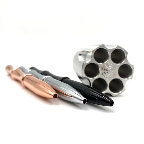 Set de 3 bolígrafos REVOLVER con soporte de aluminio en forma de cargador