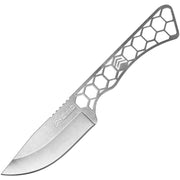 Cuchillo CAMP de acero 420 con acabado satinado y funda; hoja de filo liso y zona rugosa para apoyo del dedo