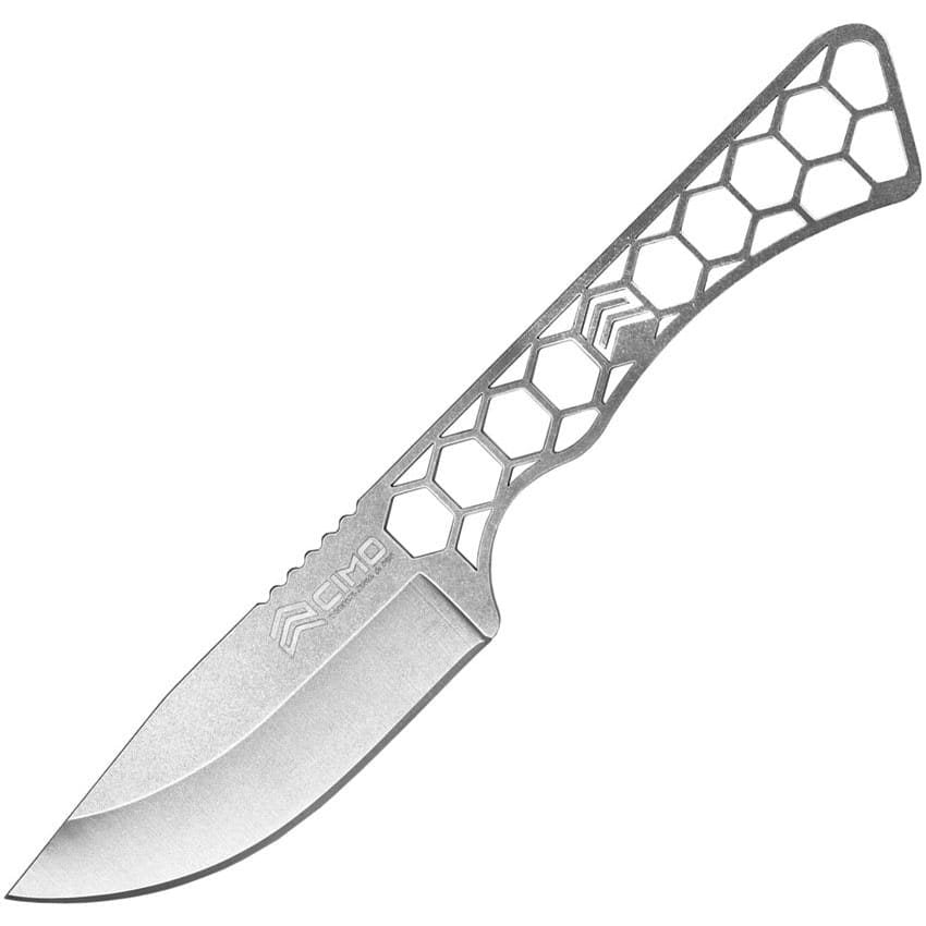 Cuchillo CAMP de acero 420 con acabado satinado y funda; hoja de filo liso y zona rugosa para apoyo del dedo