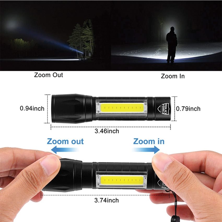 Linterna XPE/COB mini negra 225 lúmenes, cuerpo de aluminio, luz lateral y haz ajustable.