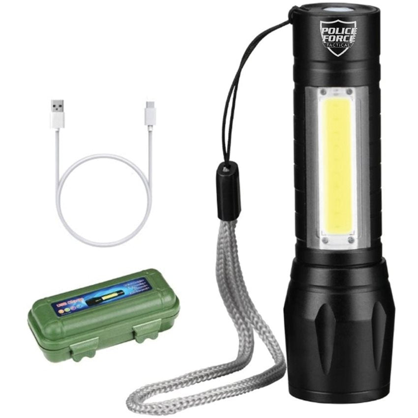 Linterna XPE/COB mini negra 225 lúmenes, cuerpo de aluminio, luz lateral y haz ajustable.
