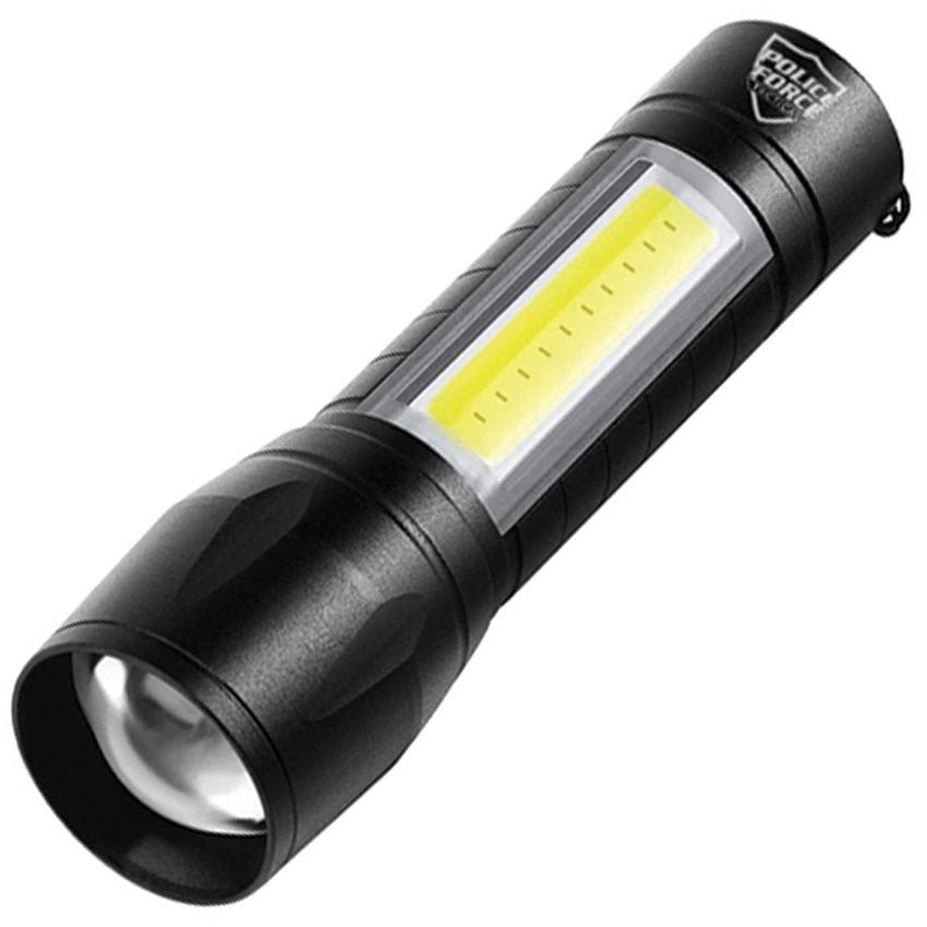 Linterna XPE/COB mini negra 225 lúmenes, cuerpo de aluminio, luz lateral y haz ajustable.