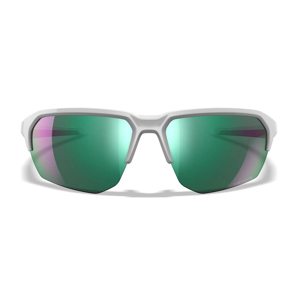 Gafas de tiro WX JAKL Captivate con marco blanco y lentes verdes polarizadas, vista frontal